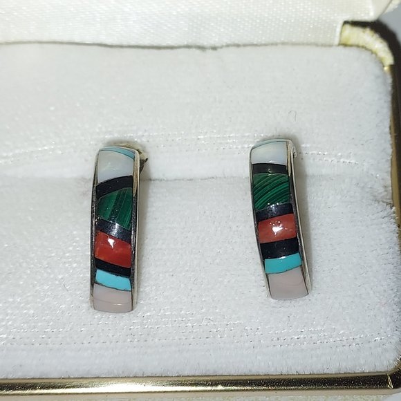 Sterling Silver Multi-Stone Zuni Inlay Petite earrings Signed RU - Picture 1 of 3